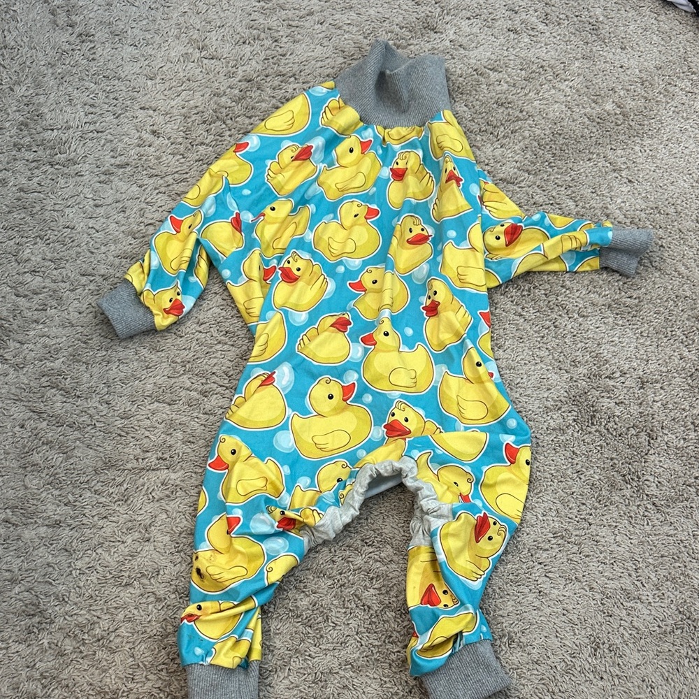 Quirky Duck Print Dog Onesie - Blue and Yellow